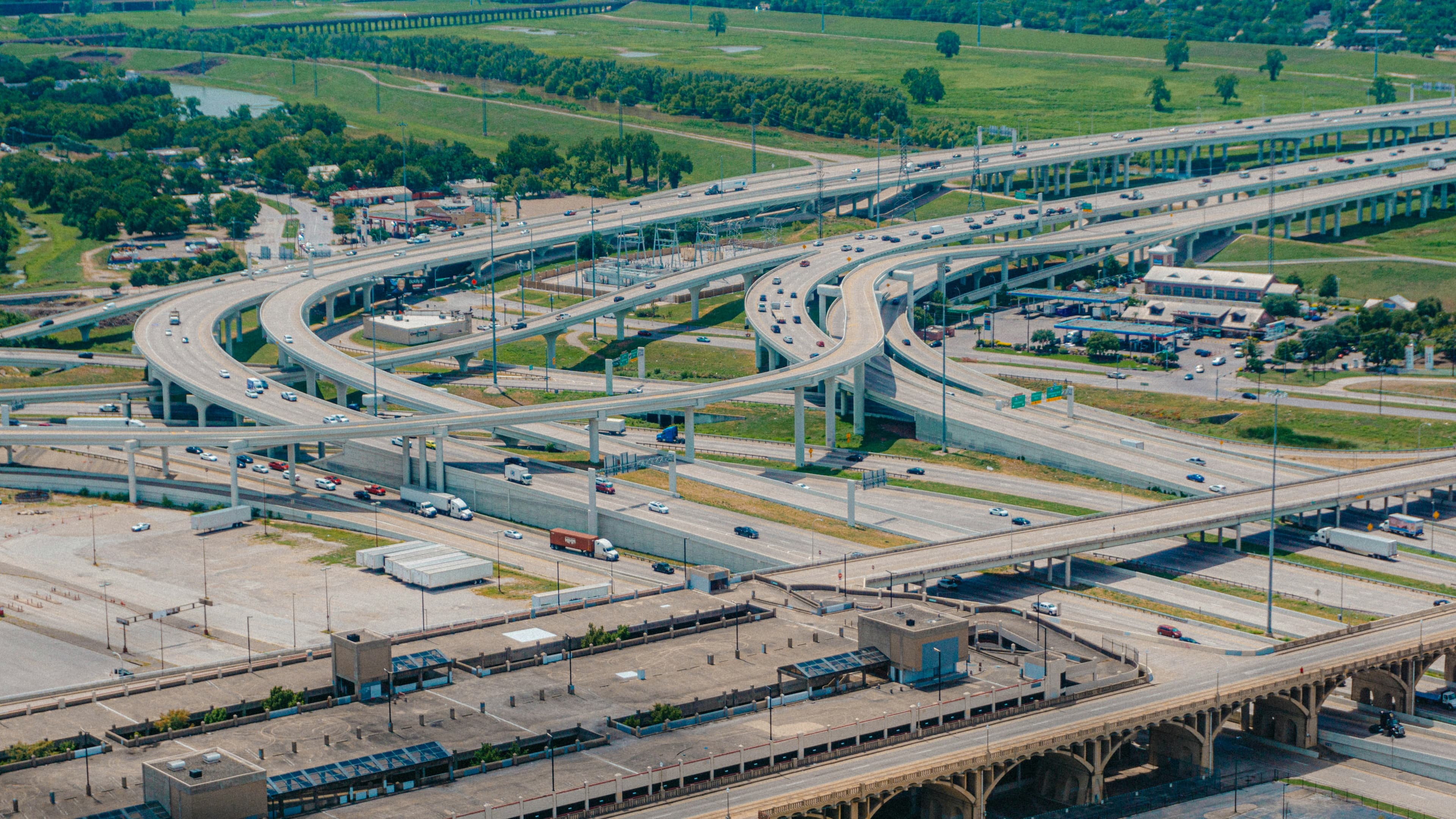 Aerial view of a multi-level freeway interchange in North Texas